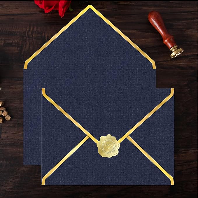 60 Pack Gold Envelopes 5x7 Dark Blue, 250G Pearled Cardstock A7 Envelopes for Invitations Business Mailing Envelope with Gold Foil Border, A6 4x6 Envelopes for Wedding Baby Shower Cards
