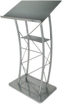 Kingdom KML2S Large Curved Lectern with Shelf, Stand Up Church Pulpit, Slanted Lectern, Conference Podium for Speakers, Speeches, and Other Occasions- Truss Lectern, Silver Powder Coat Finish, Metal