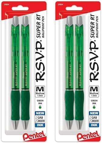 Pentel RSVP Super RT Ballpoint Pen, (1.0mm) Medium Line, Green Ink, Pack of 4 (BX480BP2D)