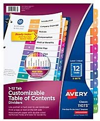 Avery 12 Tab Dividers for 3 Ring Binders, Customizable Table of Contents, Multicolor Tabs, 3 Sets (11073)