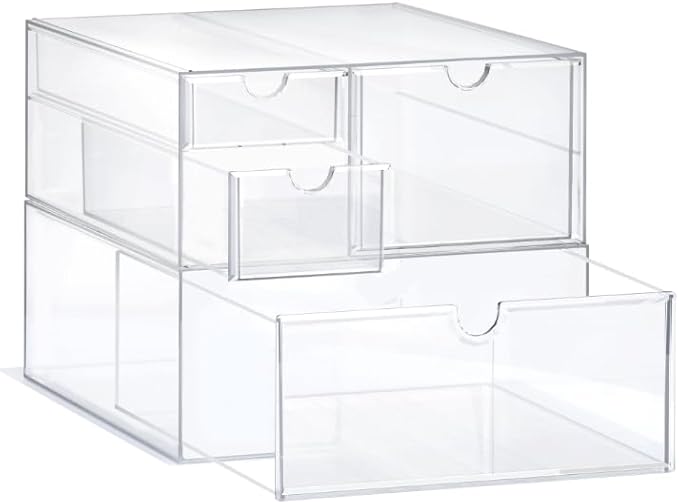 Prsildan Acrylic Drawer Makeup Organizer with 4 Drawers, Set of 2 Office Desk Organizers Accessories, Clear Stackable Storage Drawers for Vanity, Countertop, Craft, Jewelry, Art Supply Organization
