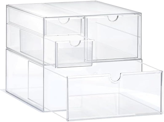 Prsildan Acrylic Drawer Makeup Organizer with 4 Drawers, Set of 2 Office Desk Organizers Accessories, Clear Stackable Storage Drawers for Vanity, Countertop, Craft, Jewelry, Art Supply Organization
