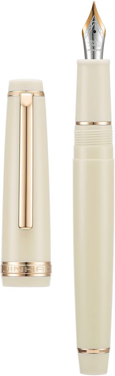 Jinhao 82 Ivory White Acrylic Fountain Pen, Iridium Medium Nib Classic Design Smooth Writing Pen with Ink Converter (Gold Trim)