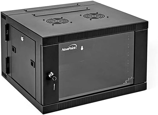 NavePoint 6U Server Cabinet with Hinged Back - 21.6” Deep, 6U Server Rack Enclosure with Locking Glass Door, Wall Mount Rack with Removable Side Panels, 6U Network Cabinet with 2 Fans, Pre-Assembled
