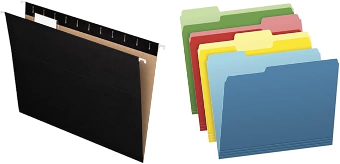 Pendaflex Recycled Hanging Folders, Letter Size, Black, 1/5 Cut, 25/BX (81605) & File Folders, Bright Green, Yellow, Red, Blue, 36 Pack Letter Size
