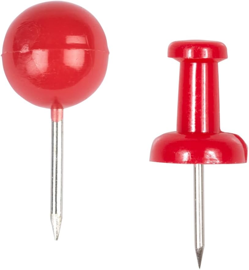 JAM PAPER Colorful Push Pins - Flat & Round Head Thumb Tack Combo Set - Red Pushpins - 200/Pack