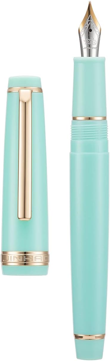 Jinhao 82 Light Green Acrylic Fountain Pen, Iridium Bent Nib Classic Design Smooth Writing Pen with Ink Converter (Gold Trim)