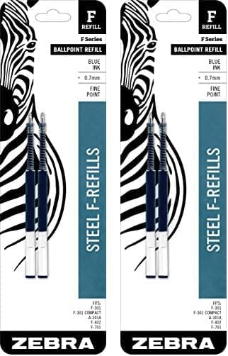 Zebra Pen F-Series Ballpoint Stainless Steel Pen Refill, Fine Point, 0.7mm, Blue Ink, 2-Count (Pack of 2)