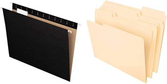 Pendaflex Recycled Hanging Folders, Letter Size, Black, 1/5 Cut, 25/BX (81605) & File Folders, Letter Size, 8-1/2" x 11", Classic Manila, 1/3-Cut Tabs in Left, Right, Center Positions, 100 Per Box