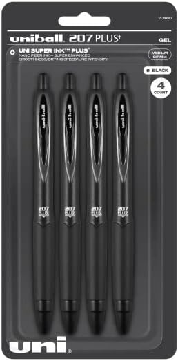Uniball Signo 207+ Gel Pen 4 Pack, 0.7mm Medium Black Pens & Uniball Signo Gel 207™ Retractable Gel Pens, Medium Point, 0.7 mm, Clear Barrel, Black Ink, Pack Of 4
