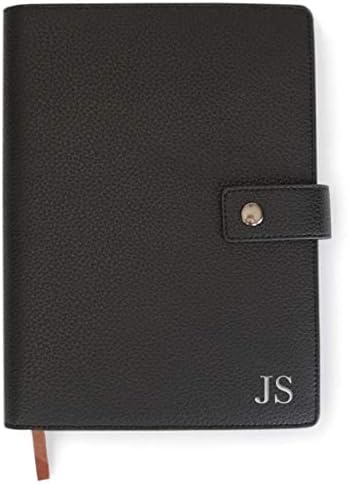 CASE ELEGANCE Full Grain Premium Leather Refillable Journal Cover with A5 Lined Notebook, Pen Loop, Card Slots, Brass Snap (Monogrammed Black)