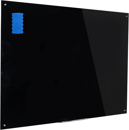 Magnetic Black Glass Board with Eraser Frameless Tempered Glass Dry Erase Blackboard with Marker Tray for Interactive Office, Wall Mounted Frosted Black Glass Board, 48" x 36"
