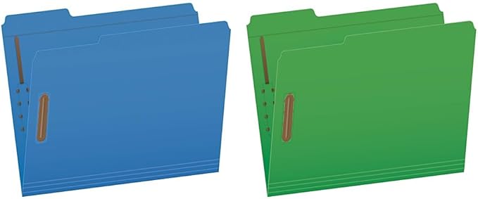 Pendaflex Fastener Folders, 2 Fasteners, Letter Size, Blue and Green, 1/3 Cut Tabs in Left, Right, Center Positions (50 per Box)