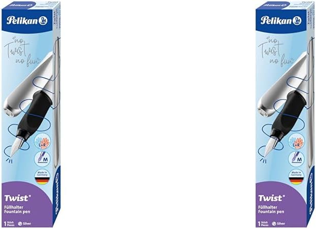 Pelikan Twist Fountain Pen with 1 Ink Cartridge, Medium Nib, Silver, Boxed (947101) (Pack of 2)