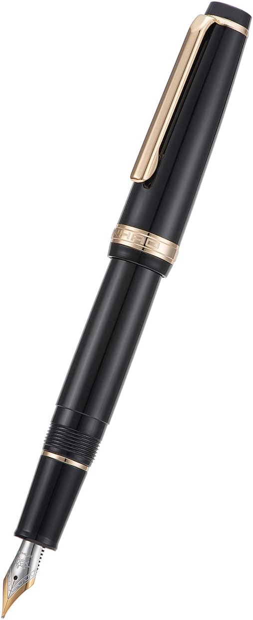 Jinhao 82 Black Acrylic Fountain Pen, Iridium Extra Fine Nib Classic Design Smooth Writing Pen with Ink Converter (Gold Trim)