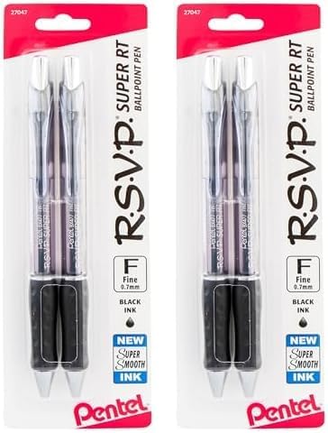 Pentel RSVP Super RT Ballpoint Pen, (0.7mm) Fine Line, Black Ink, 2-Pk - BX477BP2A (Pack of 2)