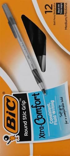 BIC Round Stic Grip Xtra-Comfort Medium Ball Point Pen, Black, 24 Pack