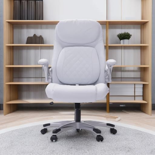 Nouhaus +Posture Ergonomic PU Leather Office Chair. Click5 Lumbar Support with FlipAdjust Armrests. Modern Executive Chair and Computer Desk Chair (White)