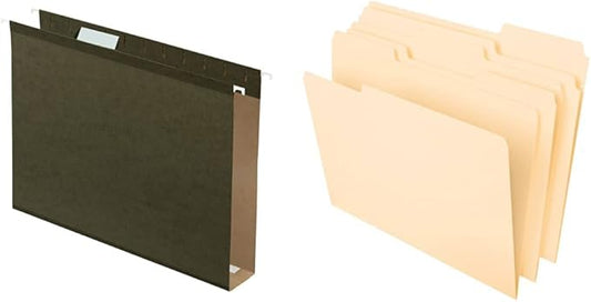 Pendaflex Extra Capacity Reinforced Hanging File Folders, 2", Letter Size, Standard Green, 1/5 Cut, 25/BX (04152X2) & File Folders, Letter Size, 8-1/2" x 11", Classic Manila, 1/3-Cut Tabs in Left