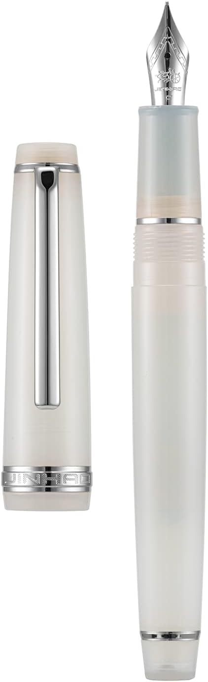 Jinhao 82 Acrylic Fountain Pen, Iridium Bent Nib with Ink Converter, Transparent Ivory White Classic Design Calligraphy Pen (Silver Trim)