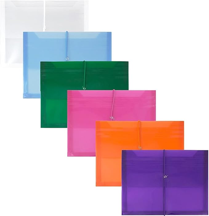 JAM PAPER Plastic Expansion Envelopes with Elastic Band Closure - Letter Booklet - 9 3/4 x 13 with 2.5 Inch Expansion - Assorted Colors - 6/Pack
