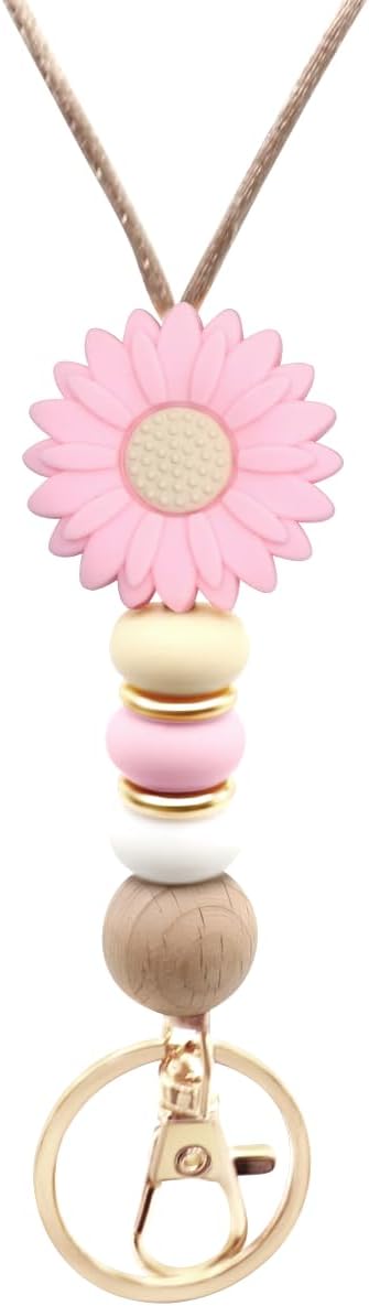 Flower Teacher Lanyards ID Badge and Key Chain, Cute Silicone Beads Lanyard for Women Nurse Work Student (Pink)