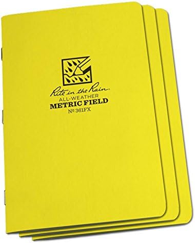 Rite in the Rain Weatherproof Stapled Notebook, 4.625" x 7", Yellow Cover, Metric Field Pattern, 3 Pack (No. 361FX)