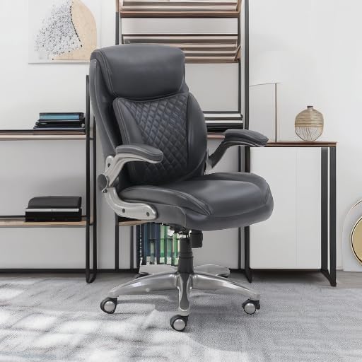 Amazon Basics Ergonomic Desk Office Chair, Flip-up Armrests, Adjustable Height, Grey Leather