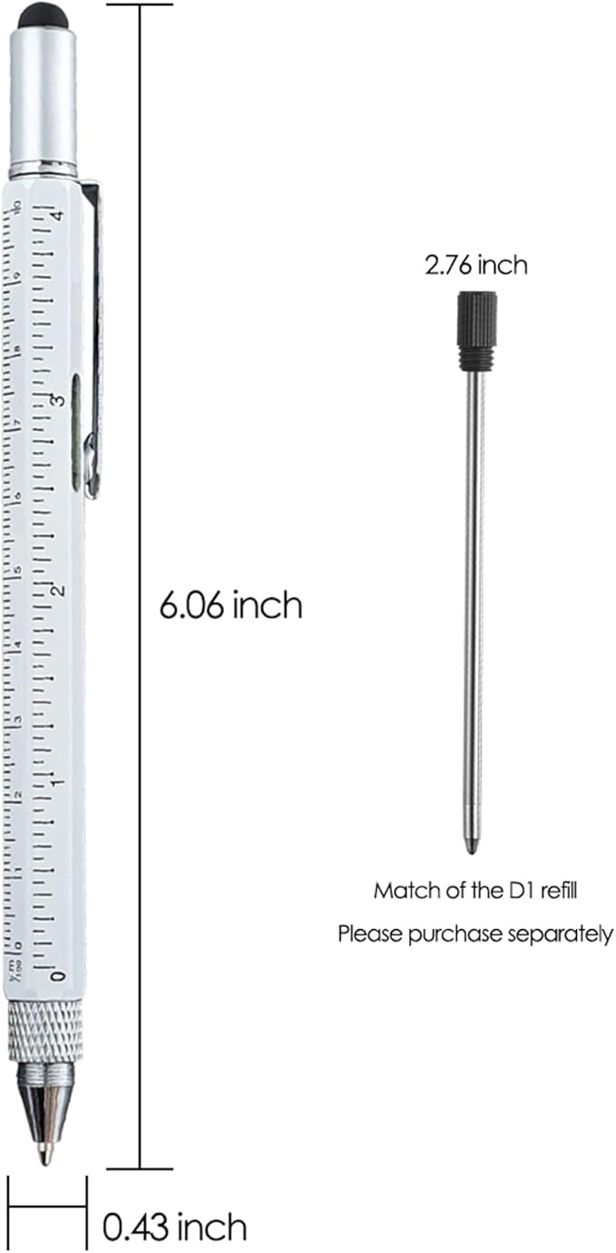 HeTaoCat Gifts Multi Tech Tool Pen 6 in 1 Stylus Pen - Screwdriver Pen with Ruler, Levelgauge, Ballpoint Pen Black ink (White)