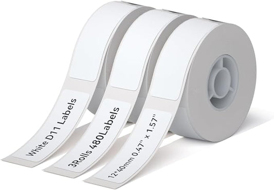 NIIMBOT D11 Label Maker Tape Adhesive White Label Paper 0.47" X 1.57" (12 X 40mm) 160 Labels/Roll, Compatible for NIIMBOT D11 D110 Label Printer, Thermal Paper Black on White, 3-Roll