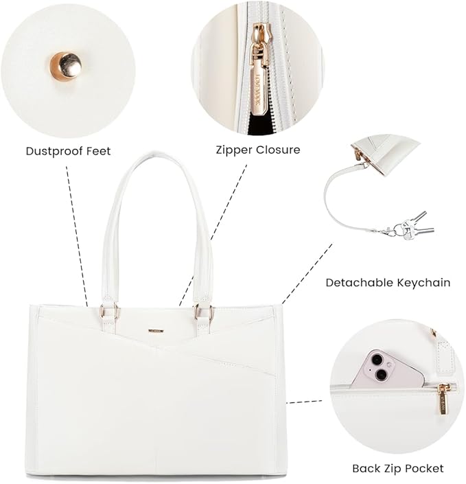 LOVEVOOK Laptop Bag for Women 15.6 Inch Tote Bags Waterproof Leather Briefcase Computer Women Business Office Work Bag,White