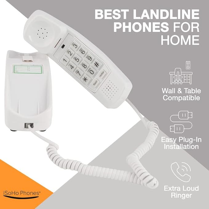 iSoHo Phones -Hearing Device-Friendly Phone –Gentle on Aching Hands, Easy-to-Press Buttons, Wall-Mountable, Custom Ringtone/Volume, Adjustable Ringer & Call Waiting with Lighted Keypad, Choctaw White