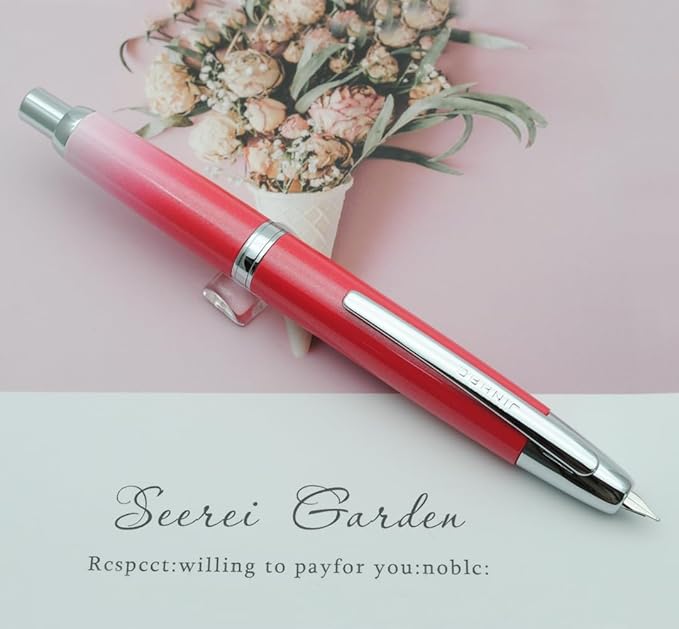 JINHAO 10 Press Fountain Pen, Retractable Metal Pen with Ink Converter (EF Nib 0.38mm, Gradient Rose Red)