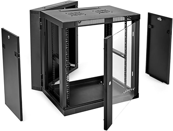 NavePoint 12U Server Cabinet with Hinged Back - 25.5” Deep, 12U Server Rack Enclosure with Locking Glass Door, Wall Mount Rack with Removable Side Panels, 12U Network Cabinet with 2 Fans, Assembled