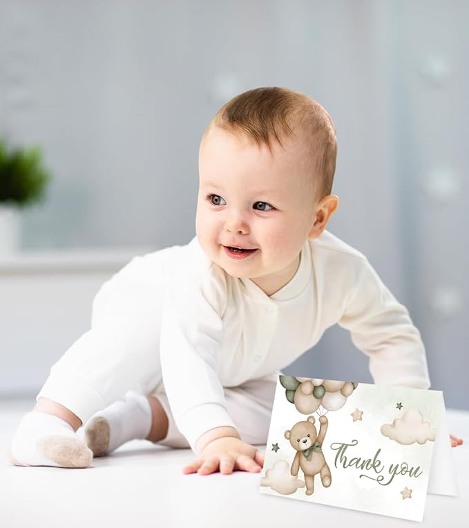 Whaline 24 Pack Bear Thank You Cards Green Bear Balloon Greeting Cards with Envelopes Stickers Cute Cartoon Blank Note Cards for Party Invitation Supplies, 4 x 6 Inch