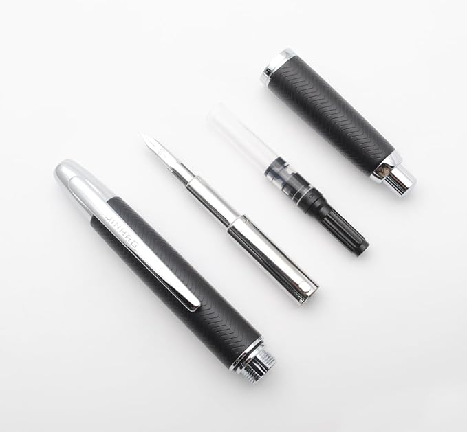 JINHAO 10 Press Fountain Pen, Retractable Metal Pen with Ink Converter (EF Nib 0.38mm, Wavy Texture Matte Black)