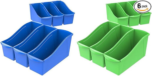 Storex Interlocking Plastic Book Bin Organizer for Home Office Classroom Blue 6-Pack 71101U06C and Green 6-Pack 71104U06C