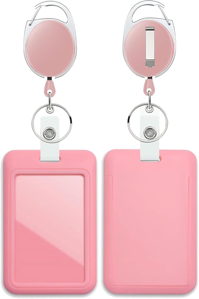 Pink Badge Holder with Retractable Reel ，Badge Clips Retractable Heavy Duty Badge Reel，Keychain，ID Holder for School Nurse Office Teen