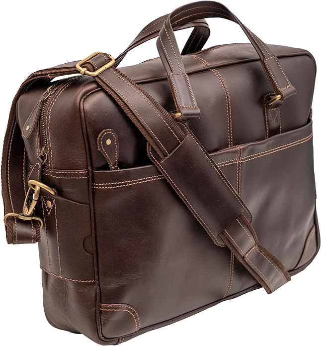 Brown Leather Laptop Bag - Stylish 16 Inch Computer Case for Men and Women - Genuine Leather Briefcase with Multiple Pockets and Shoulder Strap