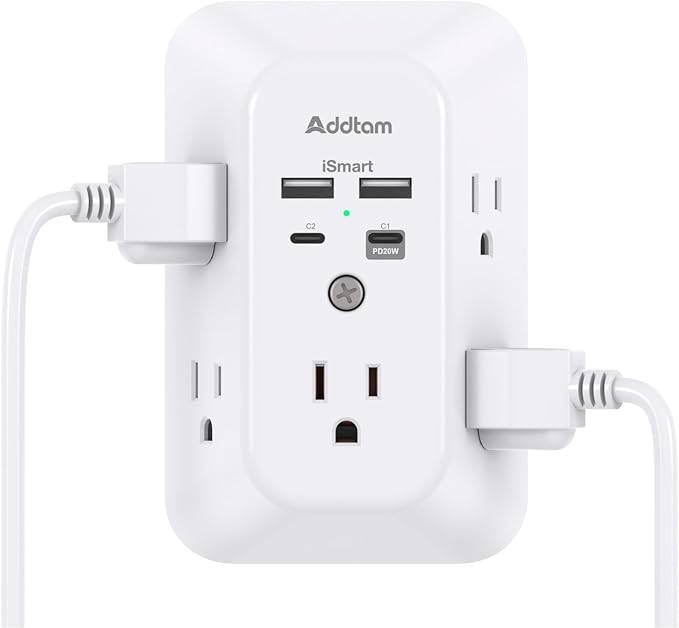 Outlet Extender Surge Protector - Addtam 5-Outlet Splitter with 4 USB Wall Charger(PD 20W), Multi Plug Wall Outlet Power Strip for Home, Dorm Room Essentials