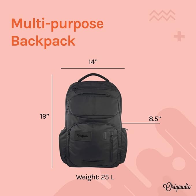 Origaudio Embarcadero Pack Business Backpack – 17 Inch Padded Laptop Sleeve – Laptop Compartment Zips Totally Open for TSA – 25 L Capacity & USB Techports– X-Large Pockets for Water Bottles and Sungla