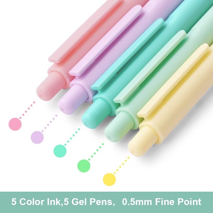 AUAUY Writing Instrument, 5PCS Retractable Gel Pens, Medium Point Quick Dry Gel Ink Pen, Macaron Colored Ink for Writing, Journaling, Note Taking, School, Office, Home