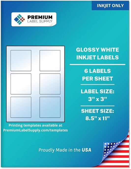 Premium Label Supply Glossy White Square Sticker Labels – 3" x 3" – (6 per Sheet) (Glossy White for Inkjet Only, 60 Labels)