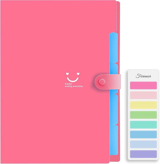 Forvencer Accordion File Organizer, Letter Size, 5 Pocket Expanding File Folder, Cute File Folder with Labels, Portable File Organizer for School Office Supplies, Folders for Documents, Fuchsia