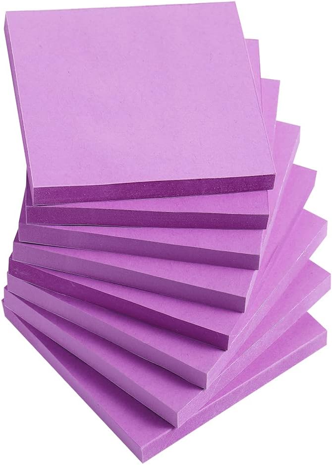Vanpad Sticky Notes 3x3 Inches,Bright Purple Self-Stick Pads, Easy to Post for Home, Office, Notebook, 8 Pads/Pack