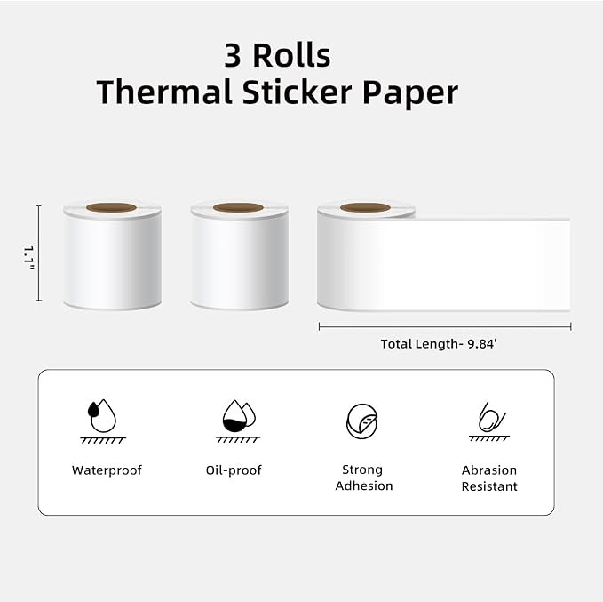 White Self-Adhesive Thermal Paper, Printable Sticker Paper for ORGSTA S002 Portable Sticker Printer, Black on White, 28mm x 3m Mini Printer Paper for Journal, Photo, Study Notes - 3 Rolls