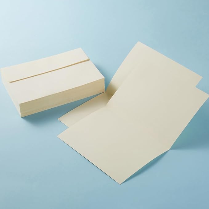 Wishop 50 Pack Self-Adhesive Envelopes with Fold Cards for Wedding Invitations, Greeting Cards, Baby Shower, Letter Mailing (Cream Color, 5x7)