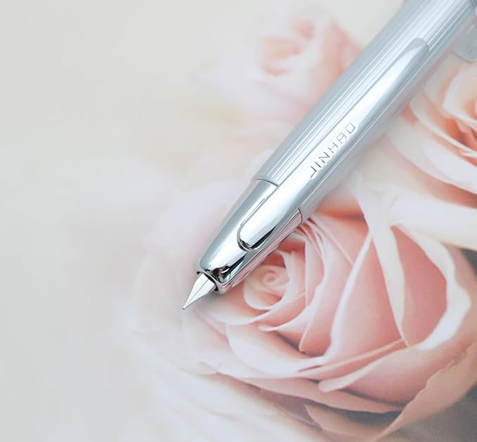 JINHAO 10 Press Fountain Pen, Retractable Metal Pen with Ink Converter (EF Nib 0.38mm, Striated Silver)