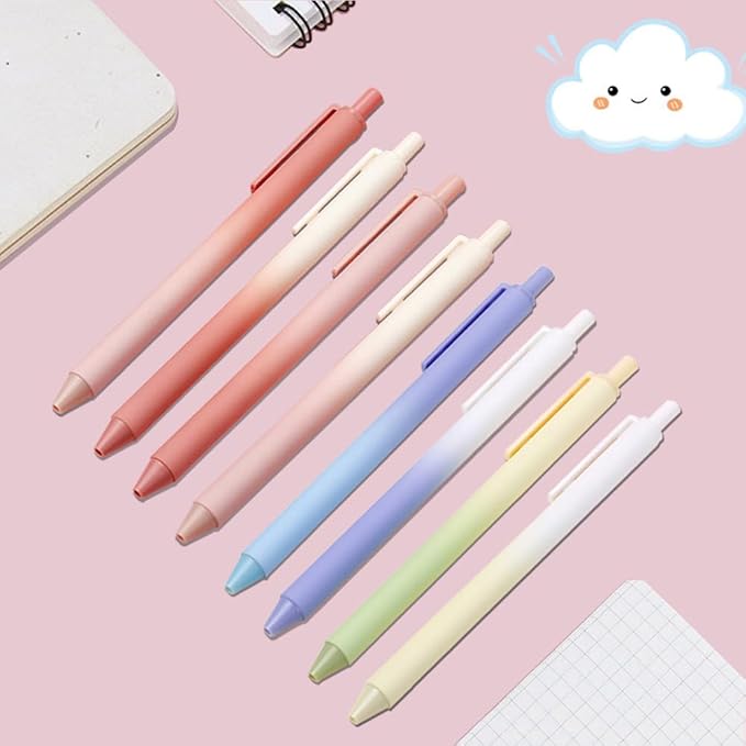 Retractable Gel Pens,8ct Black Ink 0.5mm Fine Point Pens Comfort Grip Smooth Writing Pens with Aesthetic Gradient Color Barrel for Journaling Note Taking Office School Supplies