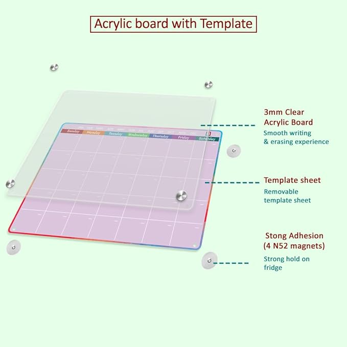 Pink Fridge Calendar - Acrylic calendar for fridge - 2 PCS Magnetic calendar for refrigerator | Monthly Planner, Weekly Planner with Removable template - 6 Dual Tip Vibrant Chalk Markers.